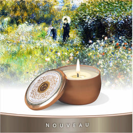 LAVENDER AURA TRAVEL TIN SCENTED CANDLE HIGHLY SCENTED BEST SELLER floral flower herb french clean fragrance coconut wax vegan essential oils fine art famous monet painting